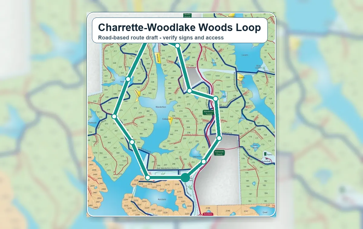 Road-based map image for the Charrette Woodlake Woods Loop scenic drive.