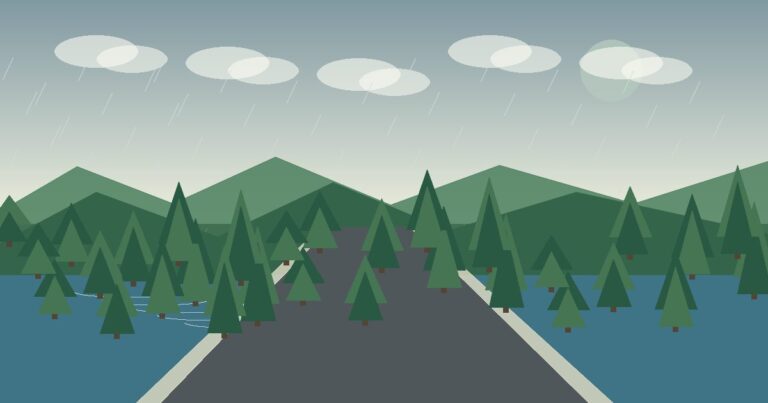 Rainy road and lake conditions for Innsbrook outdoor planning.