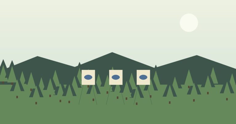 Outdoor easels near a wooded lake community for a plein air art class.